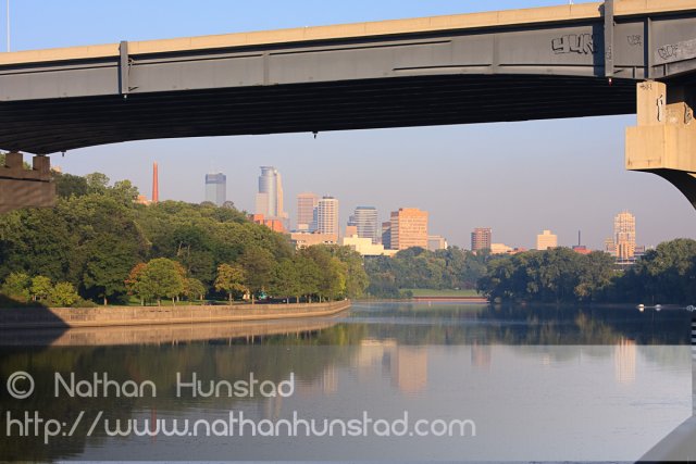 The Dartmouth I-94 bridge over the Mississippi River frames downtown Minneapolis.